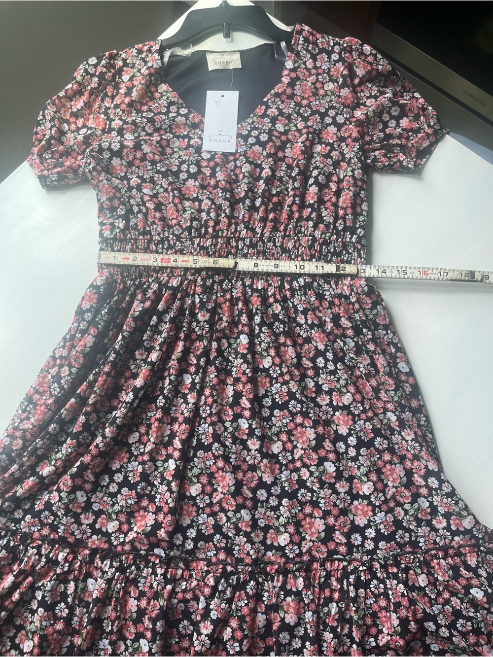 Ember Women’s Small Black Floral Tiered Dress with Pink and White Blossoms - Picture 6 of 8